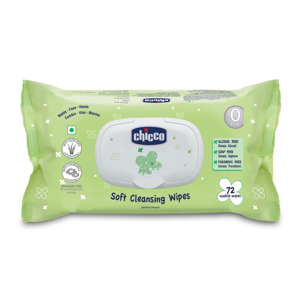 Chicco Baby Moments Soft Cleansing Baby Wipes Ideal For Nappy Face And Hand Dermatologically Tested Paraben Free Fliptop Pack (72 Sheets) White